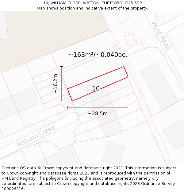 10, WILLIAM CLOSE, WATTON, THETFORD, IP25 6BP: Plot and title map