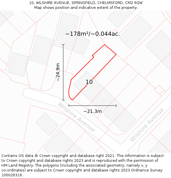 10, WILSHIRE AVENUE, SPRINGFIELD, CHELMSFORD, CM2 6QW: Plot and title map