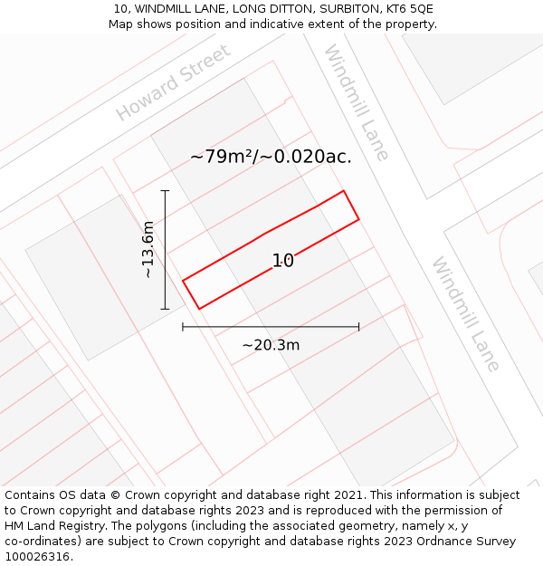 10, WINDMILL LANE, LONG DITTON, SURBITON, KT6 5QE: Plot and title map