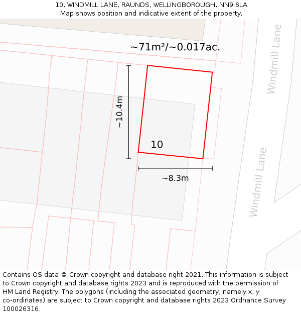 10, WINDMILL LANE, RAUNDS, WELLINGBOROUGH, NN9 6LA: Plot and title map