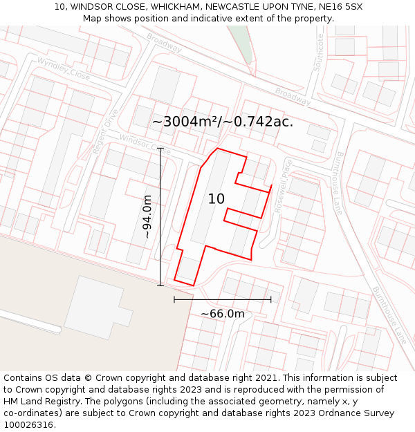 10, WINDSOR CLOSE, WHICKHAM, NEWCASTLE UPON TYNE, NE16 5SX: Plot and title map
