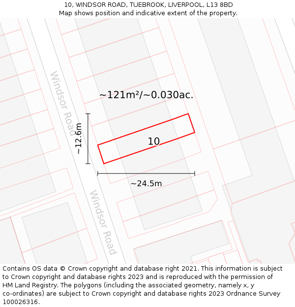 10, WINDSOR ROAD, TUEBROOK, LIVERPOOL, L13 8BD: Plot and title map