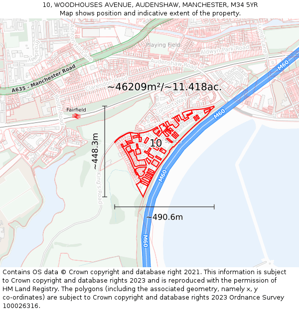 10, WOODHOUSES AVENUE, AUDENSHAW, MANCHESTER, M34 5YR: Plot and title map