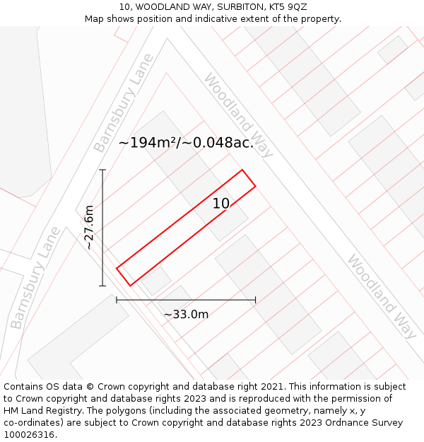 10, WOODLAND WAY, SURBITON, KT5 9QZ: Plot and title map