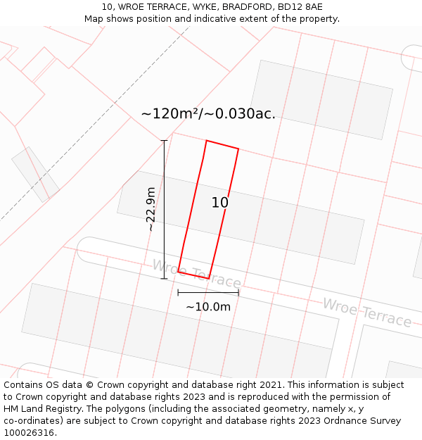 10, WROE TERRACE, WYKE, BRADFORD, BD12 8AE: Plot and title map