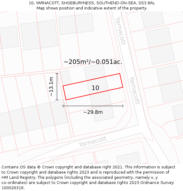 10, YARNACOTT, SHOEBURYNESS, SOUTHEND-ON-SEA, SS3 8AL: Plot and title map