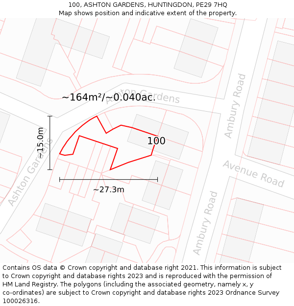 100, ASHTON GARDENS, HUNTINGDON, PE29 7HQ: Plot and title map