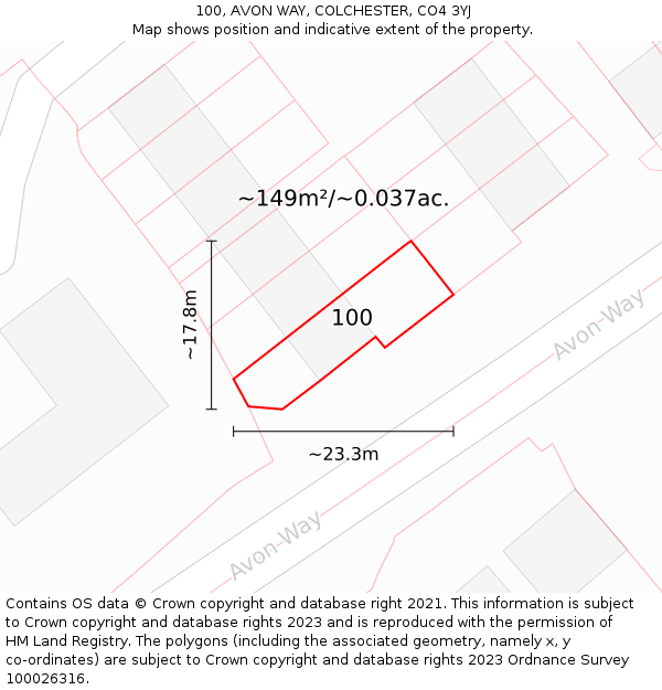 100, AVON WAY, COLCHESTER, CO4 3YJ: Plot and title map