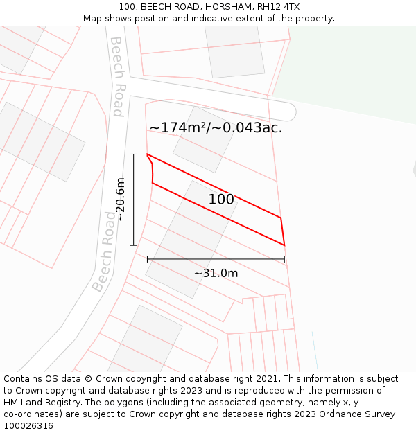 100, BEECH ROAD, HORSHAM, RH12 4TX: Plot and title map