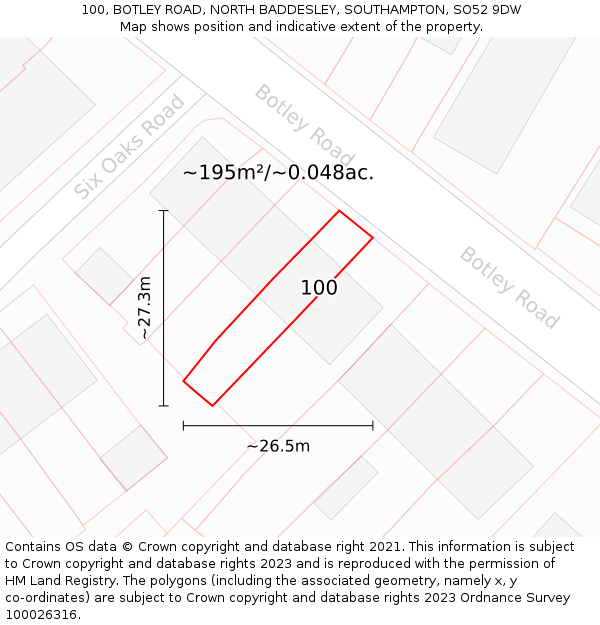 100, BOTLEY ROAD, NORTH BADDESLEY, SOUTHAMPTON, SO52 9DW: Plot and title map
