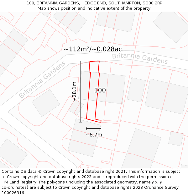 100, BRITANNIA GARDENS, HEDGE END, SOUTHAMPTON, SO30 2RP: Plot and title map