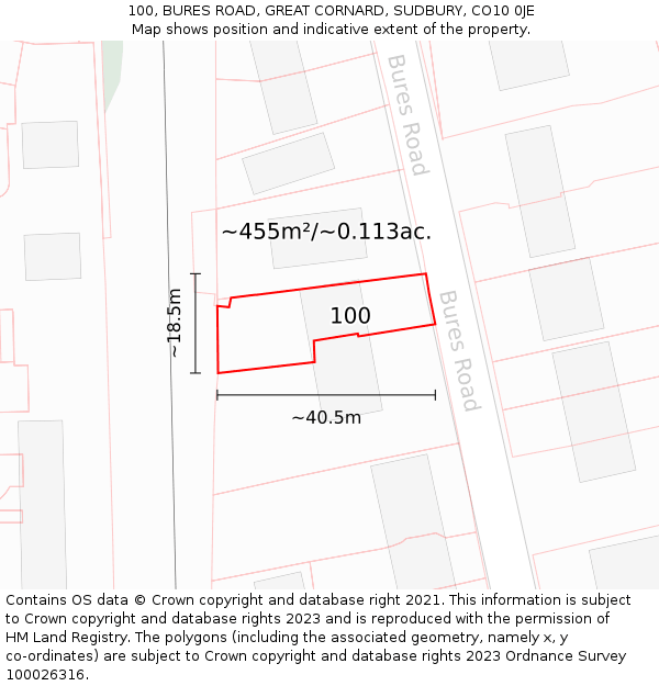 100, BURES ROAD, GREAT CORNARD, SUDBURY, CO10 0JE: Plot and title map