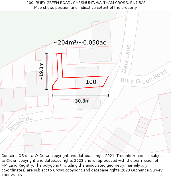 100, BURY GREEN ROAD, CHESHUNT, WALTHAM CROSS, EN7 5AF: Plot and title map