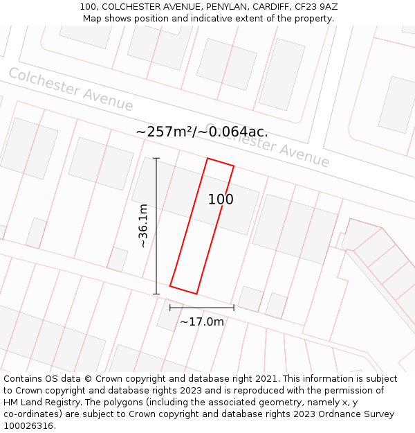 100, COLCHESTER AVENUE, PENYLAN, CARDIFF, CF23 9AZ: Plot and title map