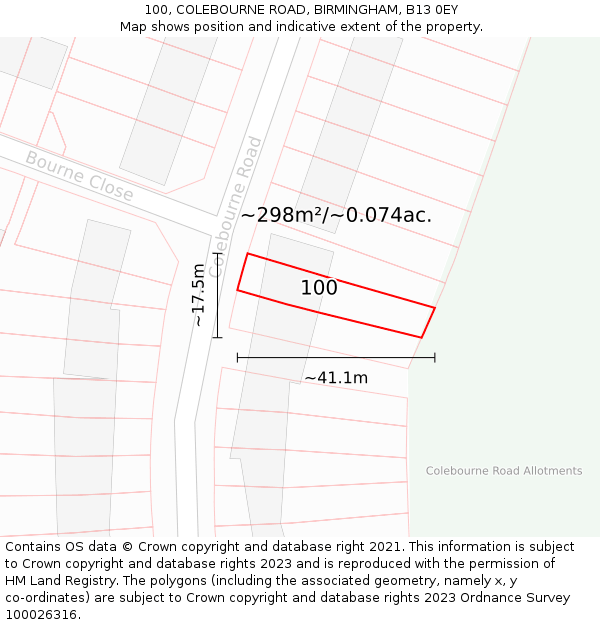 100, COLEBOURNE ROAD, BIRMINGHAM, B13 0EY: Plot and title map
