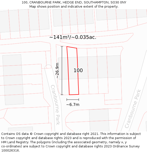 100, CRANBOURNE PARK, HEDGE END, SOUTHAMPTON, SO30 0NY: Plot and title map