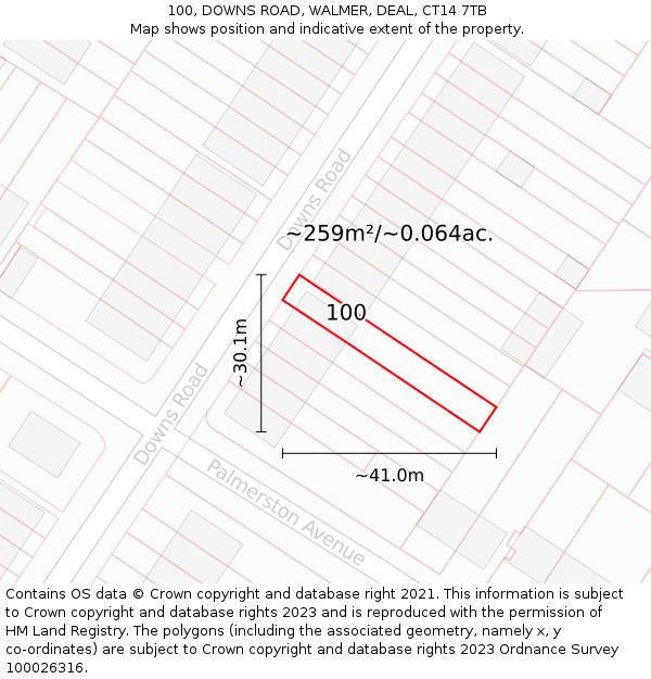 100, DOWNS ROAD, WALMER, DEAL, CT14 7TB: Plot and title map