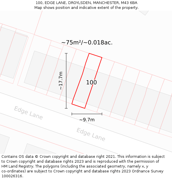 100, EDGE LANE, DROYLSDEN, MANCHESTER, M43 6BA: Plot and title map