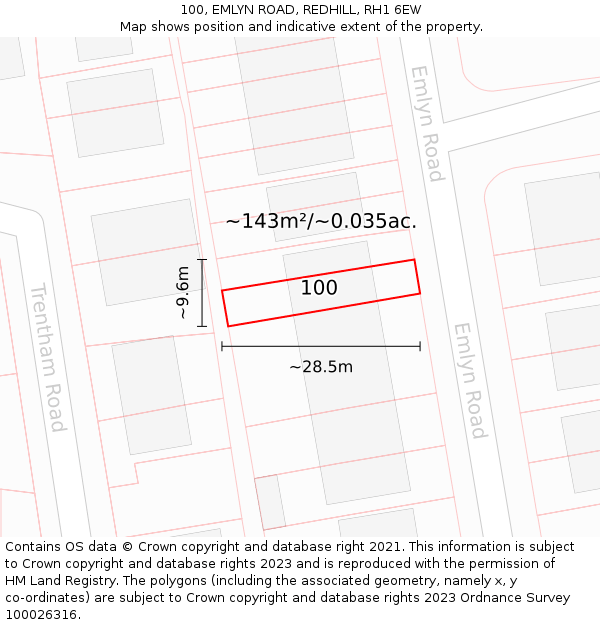 100, EMLYN ROAD, REDHILL, RH1 6EW: Plot and title map