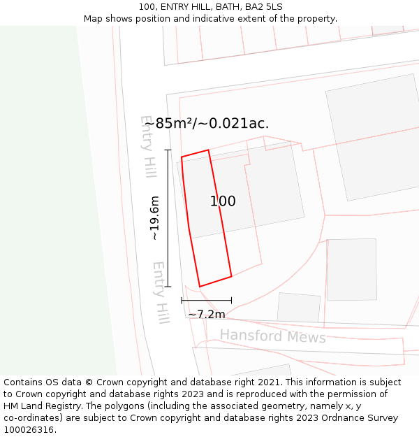 100, ENTRY HILL, BATH, BA2 5LS: Plot and title map