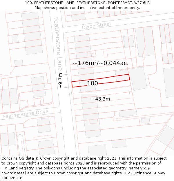 100, FEATHERSTONE LANE, FEATHERSTONE, PONTEFRACT, WF7 6LR: Plot and title map