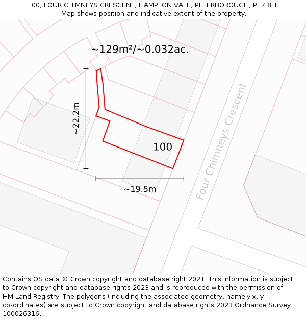 100, FOUR CHIMNEYS CRESCENT, HAMPTON VALE, PETERBOROUGH, PE7 8FH: Plot and title map