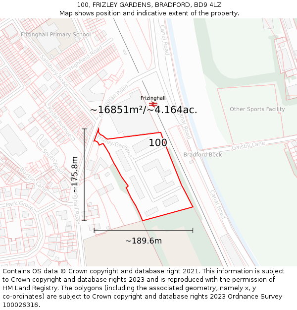 100, FRIZLEY GARDENS, BRADFORD, BD9 4LZ: Plot and title map
