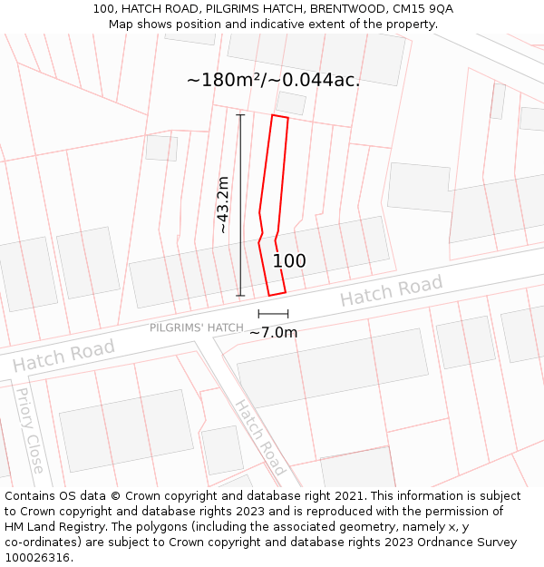 100, HATCH ROAD, PILGRIMS HATCH, BRENTWOOD, CM15 9QA: Plot and title map