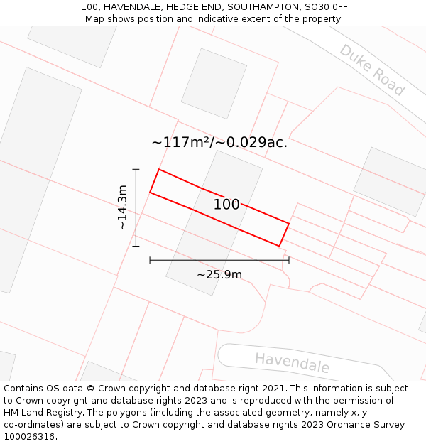 100, HAVENDALE, HEDGE END, SOUTHAMPTON, SO30 0FF: Plot and title map