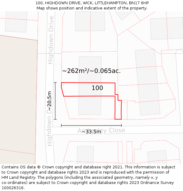 100, HIGHDOWN DRIVE, WICK, LITTLEHAMPTON, BN17 6HP: Plot and title map