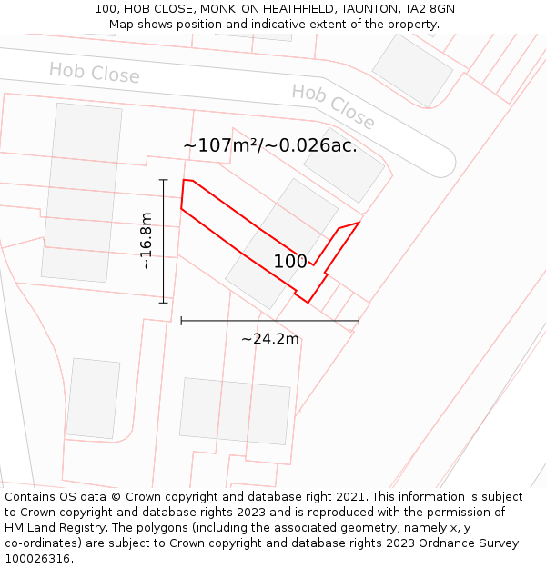 100, HOB CLOSE, MONKTON HEATHFIELD, TAUNTON, TA2 8GN: Plot and title map