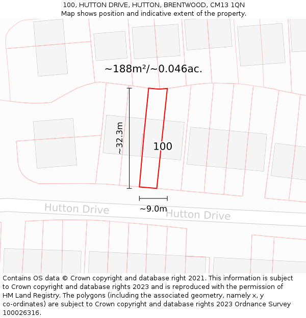 100, HUTTON DRIVE, HUTTON, BRENTWOOD, CM13 1QN: Plot and title map