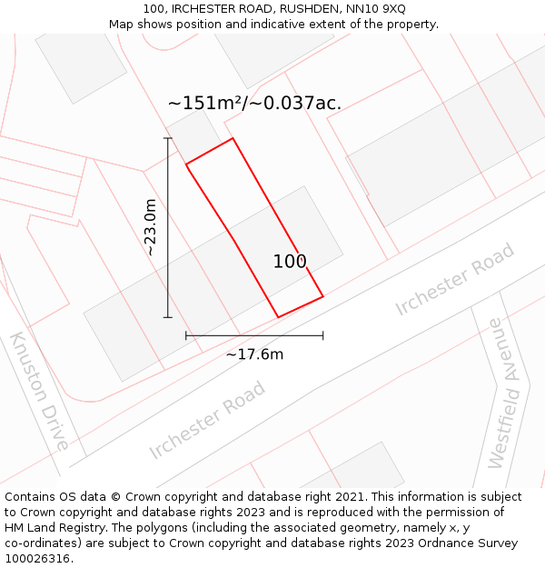 100, IRCHESTER ROAD, RUSHDEN, NN10 9XQ: Plot and title map