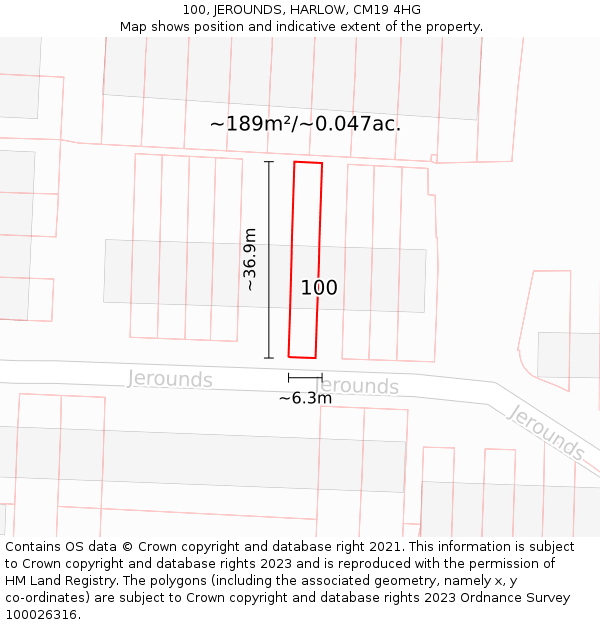 100, JEROUNDS, HARLOW, CM19 4HG: Plot and title map