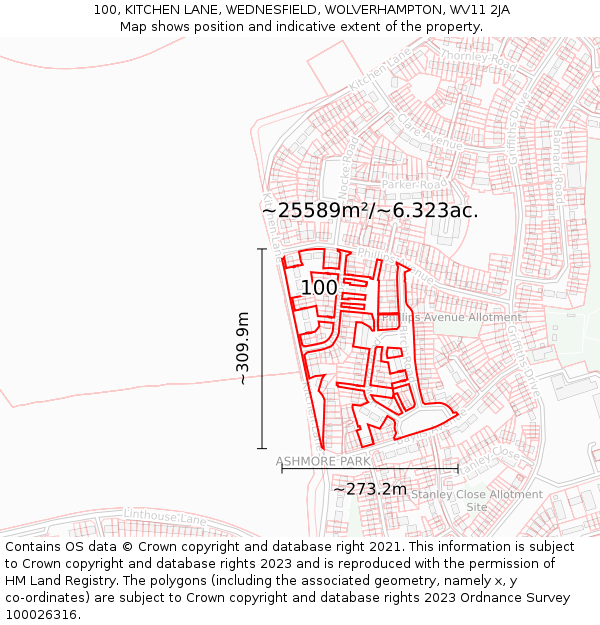 100, KITCHEN LANE, WEDNESFIELD, WOLVERHAMPTON, WV11 2JA: Plot and title map