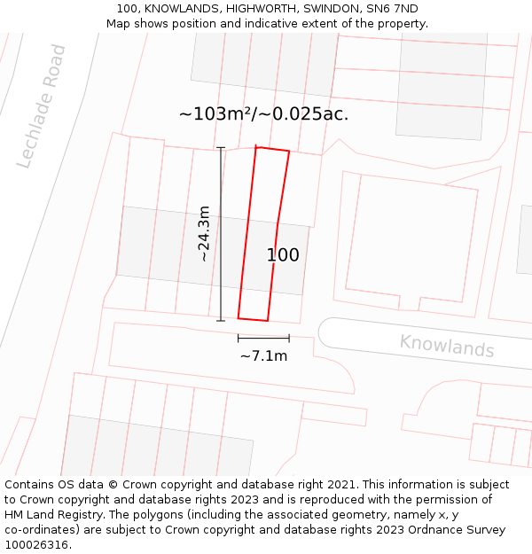 100, KNOWLANDS, HIGHWORTH, SWINDON, SN6 7ND: Plot and title map