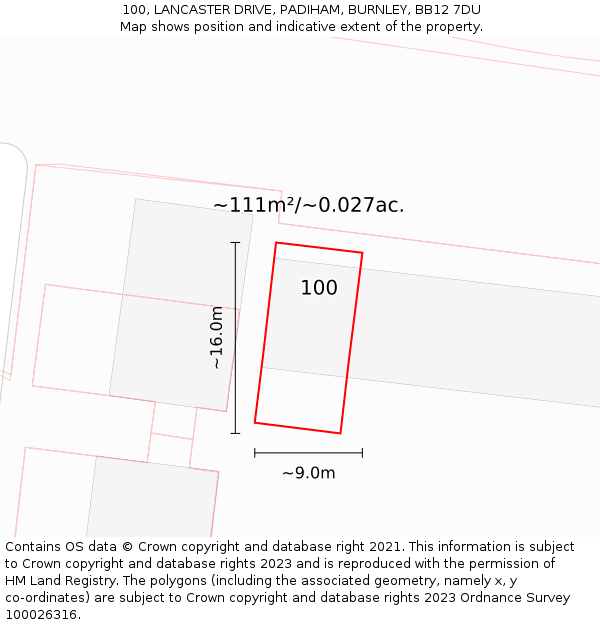 100, LANCASTER DRIVE, PADIHAM, BURNLEY, BB12 7DU: Plot and title map