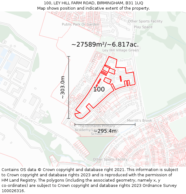 100, LEY HILL FARM ROAD, BIRMINGHAM, B31 1UQ: Plot and title map