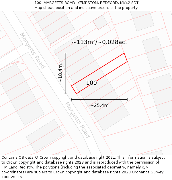 100, MARGETTS ROAD, KEMPSTON, BEDFORD, MK42 8DT: Plot and title map