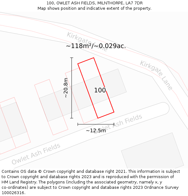 100, OWLET ASH FIELDS, MILNTHORPE, LA7 7DR: Plot and title map
