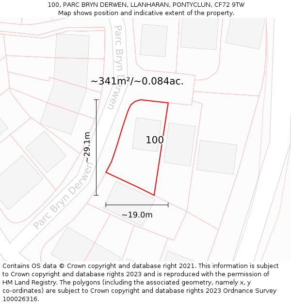 100, PARC BRYN DERWEN, LLANHARAN, PONTYCLUN, CF72 9TW: Plot and title map