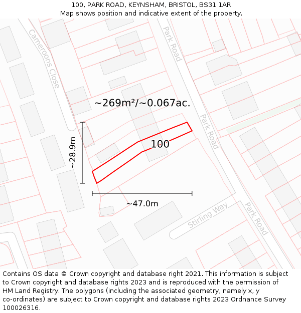 100, PARK ROAD, KEYNSHAM, BRISTOL, BS31 1AR: Plot and title map