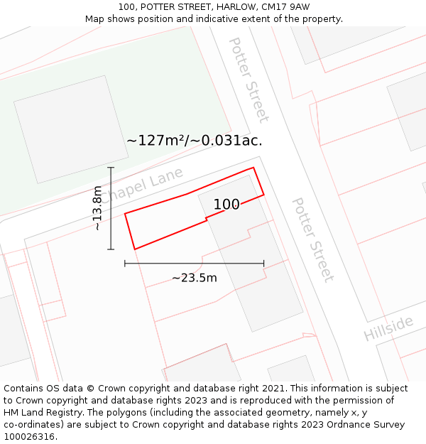 100, POTTER STREET, HARLOW, CM17 9AW: Plot and title map