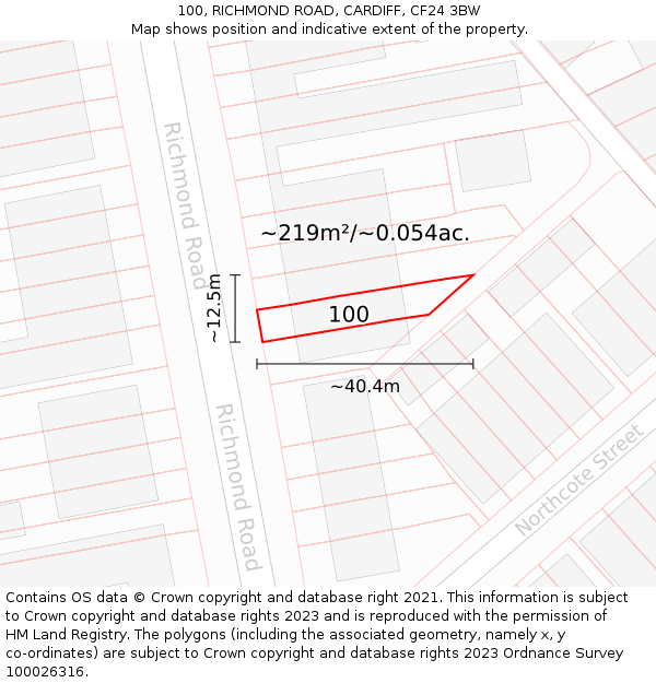 100, RICHMOND ROAD, CARDIFF, CF24 3BW: Plot and title map