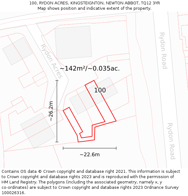 100, RYDON ACRES, KINGSTEIGNTON, NEWTON ABBOT, TQ12 3YR: Plot and title map