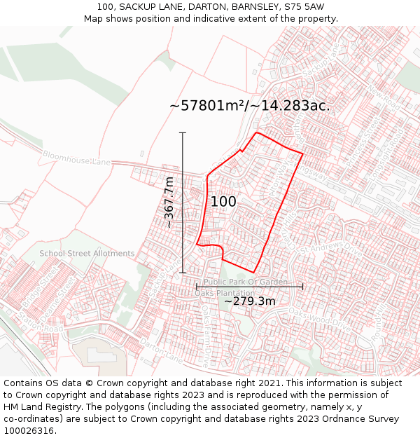 100, SACKUP LANE, DARTON, BARNSLEY, S75 5AW: Plot and title map