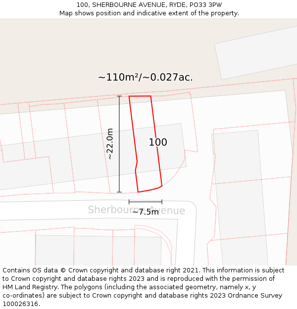 100, SHERBOURNE AVENUE, RYDE, PO33 3PW: Plot and title map