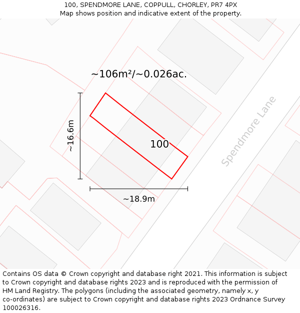 100, SPENDMORE LANE, COPPULL, CHORLEY, PR7 4PX: Plot and title map