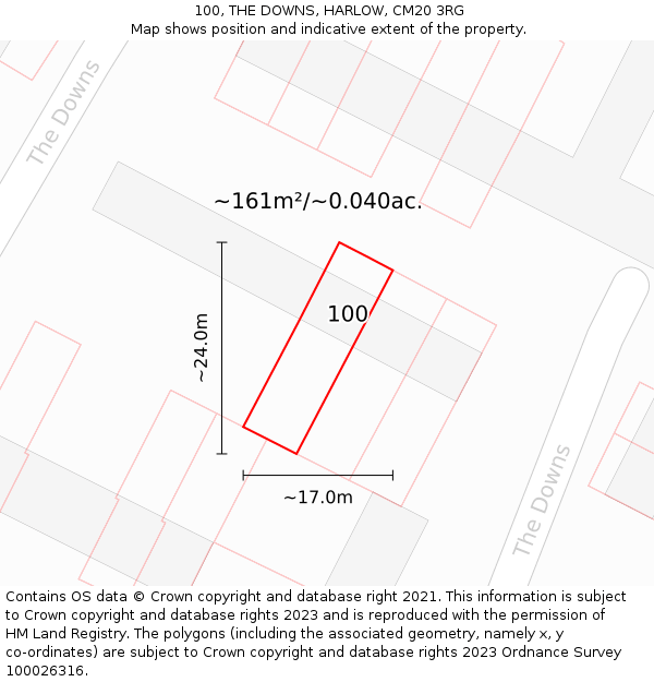 100, THE DOWNS, HARLOW, CM20 3RG: Plot and title map