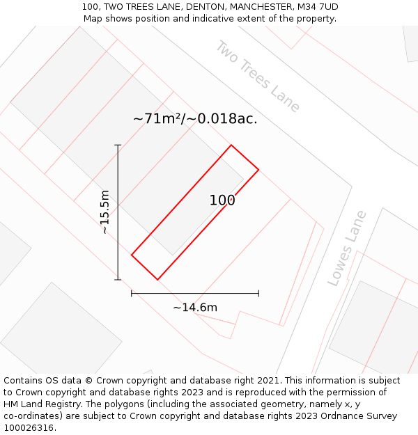 100, TWO TREES LANE, DENTON, MANCHESTER, M34 7UD: Plot and title map